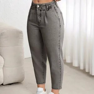 Washed denim women's standard size elastic minimalist straight jeans versatile casual style