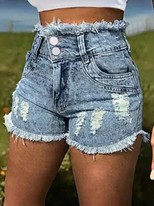Hüfthohe Destroyed Jeansshorts mit ausgefranstem Saum, modische Damen Jeans Shorts Detailansicht