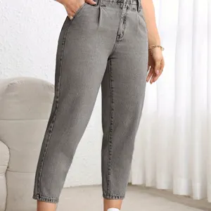 Women grey washed high waist straight denim jeans casual basic comfortable trousers