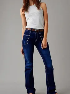 Femme vintage taille haute jean flare slim boutons casual denim pantalon vue de détail