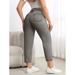 Women high waist washed grey straight leg jeans casual denim pants back pocket styling