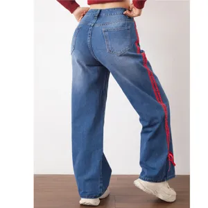 Damen Vintage Jeanshose mit rotem Seitenstreifen hohe Taille casual lose gerade Hose Alltag