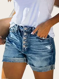 Shorts di jeans donna vita alta bottoni risvolto strappati blu lavato denim