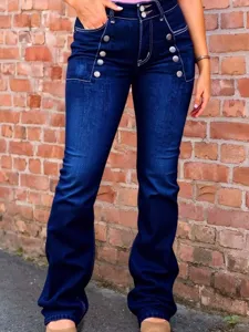 Retro Femme Slim Fit Jean Evase Boutons Casual Taille Haute Stretch Denim Pantalon