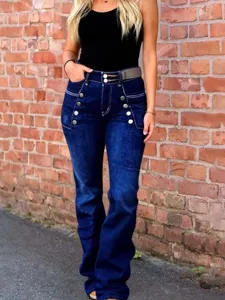 Détails de jeans flare taille haute bleu foncé pour femmes avec boutons métalliques.