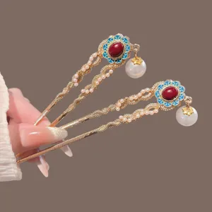 Vintage Chinese Style Alloy Cloisonne Flower U Shaped Hair Stick With Tassel Artificial Pearl Rhinestone Hair Fork For Women