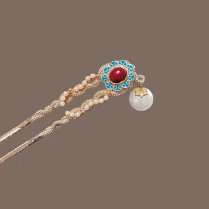 Chinese style U-shaped hair pin with pearls, elegant vintage hair accessory for women.