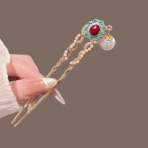 Traditional Chinese style U-shaped hair fork with pearl pendant and blue enamel design.