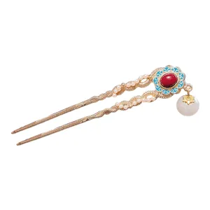 Traditional Chinese style U-shaped hair pin with filigree pearls and red stone pendant for women