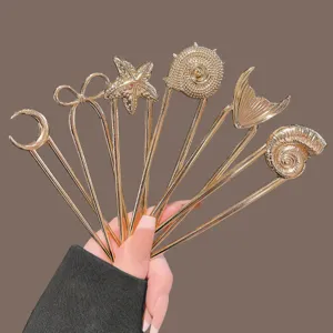 New Chinese Style Gold U Shaped Hairpin Elegant Starfish Shell Moon Bow Hair Fork Minimalist Bun Shaper Alloy Hair Stick Women Headpiece