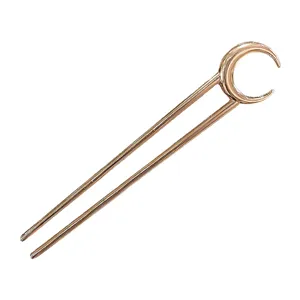 Gold U-shaped hair fork with crescent moon design, elegant metal hair pin for styling buns.
