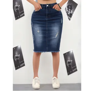 Damen Casual Jeansrock Hohe Taille Distressed Offene Kante Bodycon Midi Rock Baumwollmischung Slim Fit Streetwear Mode Unterteile