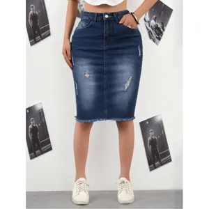 Damen dunkelblaue Destroyed Raw Hem Bodycon Jeans Midirock, lässig vielseitiger hoher Bund.