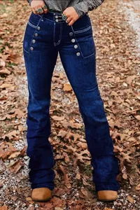 Jean évasé bleu foncé rétro pour femme avec jolis détails de boutons et coupe slim.
