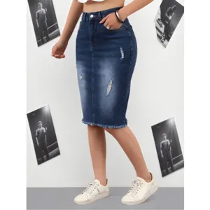 Dunkelblaue Jeans-Midirock für Damen, High-Waist Bleistiftrock mit Fransen und Waschung
