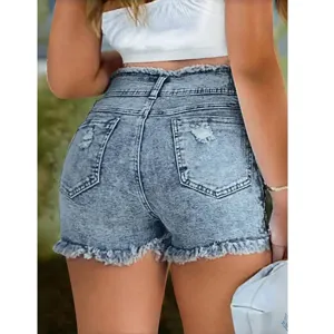 Hochgeschnittene Destroyed Jeans Shorts für Damen Sommer Streetstyle hellblau Denim