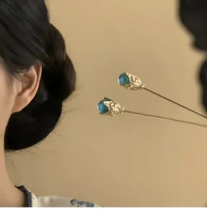 Detailed view of traditional Chinese blue crystal hair stick, elegant Hanfu hair accessory.