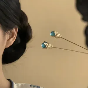 Chinese vintage blue crystal ball hair stick, elegant gold hairpin for Hanfu updo.
