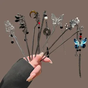 New Chinese vintage tassel hairpins set, elegant ancient style metal hair forks.
