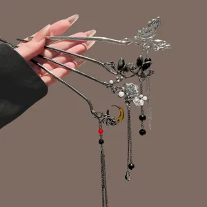 New Chinese vintage metal hair stick set, exquisite tassel hairpin for hanfu styling.