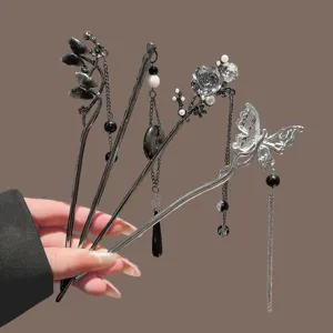 New Chinese vintage tassel hair sticks set, elegant metal black and white hairpins for women wear.