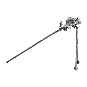Neo-Chinese vintage floral tassel hairpin elegant retro hair fork bun accessory for women