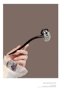 Vintage wooden hair stick with crescent moon fringe, elegant Chinese style Hanfu hair accessory for women.