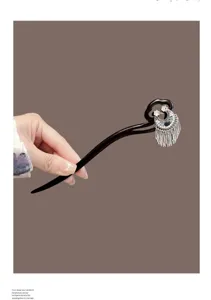 Ancient Chinese style wooden hair stick with crescent moon tassel, elegant Hanfu hairpin.