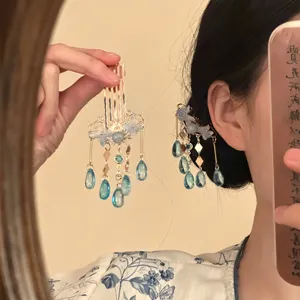 Vintage Chinese Style Blue Butterfly Tassel Hair Stick Alloy Rhinestone Hairpin For Women Hanfu Cheongsam Hair Accessories Jewelry Gift