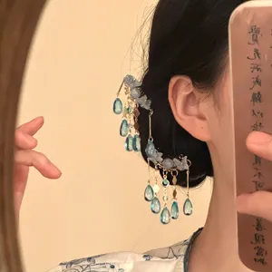 Chinese style blue butterfly hair stick vintage tassel hair accessory for women hanfu qipao
