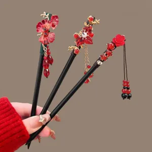 Neo-Chinese Style Wooden Hair Stick Elegant Retro Tassel Pendant Hairpin Handmade Artificial Pearl Flower Hair Fork For Women Hanfu Matching Hair Accessories