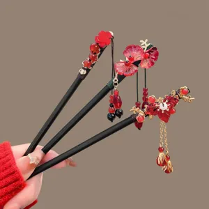 Traditional Chinese wooden hair sticks set with red floral tassels, perfect for Hanfu and daily wear.