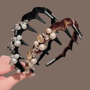 Elegant Velvet Fabric Row Rhinestone Headband For Women High Top Non Slip Toothed Head Band Handmade Artificial Pearl Hair Hoop Accessories