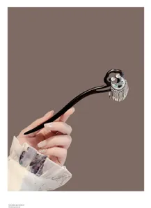 Wooden crescent tassel hairpin elegant Hanfu hair fork traditional vintage hair accessory detail