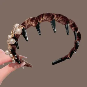 Elegant brown velvet spiked headband with faux pearls and sparkling crystals for women's hair.