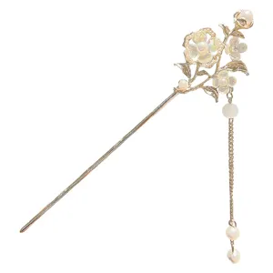 Elegante Blumen Haarnadel mit Perlen Quaste, ideal fur traditionelles Hanfu Styling.