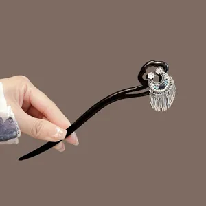 Vintage Wooden Hair Stick Crescent Moon Tassel Hairpin Hanfu Headwear Elegant Accessory