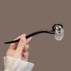 Vintage wooden crescent tassel hairpin for women, elegant hanfu hair fork headwear.