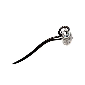 Vintage wooden hair stick with elegant metal crescent tassel fork for Hanfu daily wear.