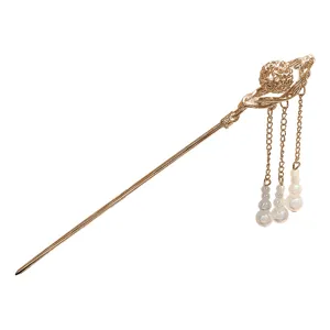 Elegant Chinese antique style gold hair stick with hollow ball and pearl tassel drops.