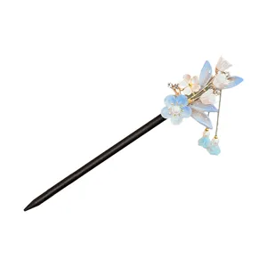 Neo Chinese Style Lily of the Valley Wood Hair Stick Handmade Tassel Artificial Pearl Rhinestone Flower Hairpin Women Retro Headdress