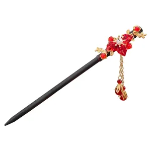 Chinese style wooden hair stick with red flower tassels for vintage Hanfu dress accessories