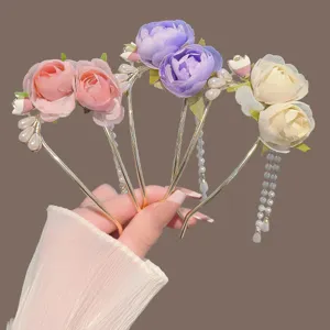 Vintage Alloy Fabric Rose Flower Hair Stick With Artificial Pearl Tassel Chignon Hair Pin Hair Clip For Hanfu Women Hair Accessories