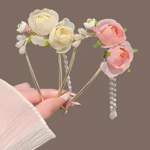 Sweet rose flower U-shaped hair fork with pearl tassel for elegant hanfu styling and buns.