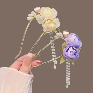 Sweet rose U-shaped hair pin with pearl tassel for elegant Hanfu bun hair styling accessory.