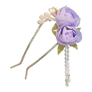 Elegant purple rose U-shaped hair pin with pearl tassels for Hanfu updo and styling