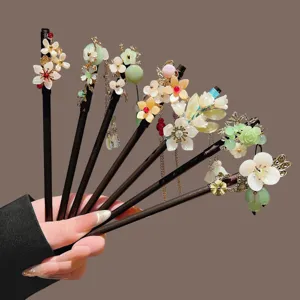 Traditional Chinese style wooden hair sticks with floral jade beaded tassels for women hanfu.