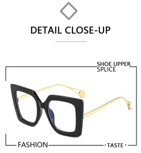 Close-up detail of fashionable square eyewear with bold black frame and elegant gold temples.