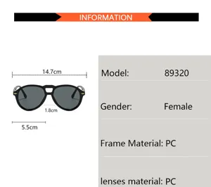 Detailed dimension and specification view of women double bridge navigator sunglasses.