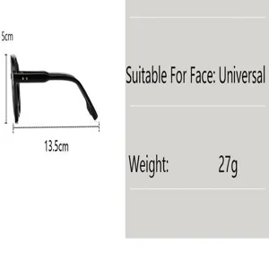 Detailed side view of black sunglasses showing 5cm height, 13.5cm length, and 27g weight.